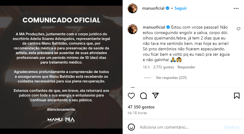 Manu Bahtidão anuncia pausa de 10 dias - Foto: Reprodução/Instagram/@manuoficial