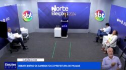 Eduardo Siqueira (Podemos), Júnior Geo (PSDB) e Lúcia Viana (PSOL) estão presentes. Janad Valcari (PL) não compareceu. Foto: Reprodução/TV Norte Tocantins - SBT