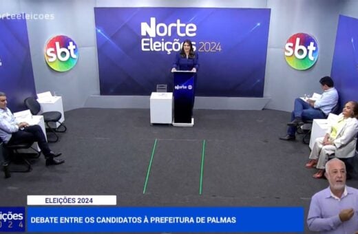 Eduardo Siqueira (Podemos), Júnior Geo (PSDB) e Lúcia Viana (PSOL) estão presentes. Janad Valcari (PL) não compareceu. Foto: Reprodução/TV Norte Tocantins - SBT