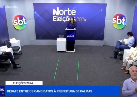 Eduardo Siqueira (Podemos), Júnior Geo (PSDB) e Lúcia Viana (PSOL) estão presentes. Janad Valcari (PL) não compareceu. Foto: Reprodução/TV Norte Tocantins - SBT