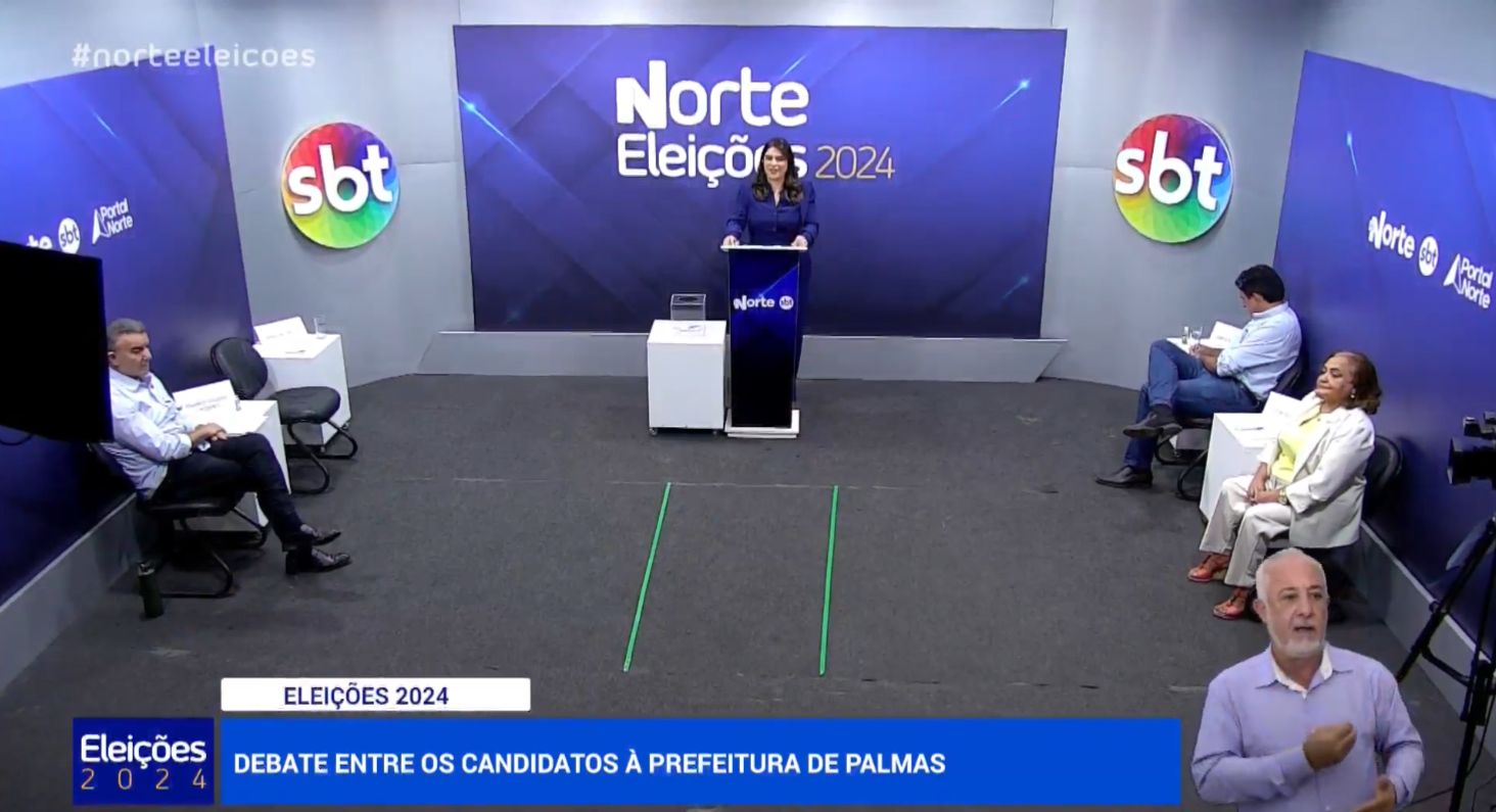 Eduardo Siqueira (Podemos), Júnior Geo (PSDB) e Lúcia Viana (PSOL) estão presentes. Janad Valcari (PL) não compareceu. Foto: Reprodução/TV Norte Tocantins - SBT