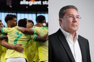 À esquerda, estão alguns jogadores da seleção brasileira se abraçando e à direita, está Vanderlei Luxenburgo