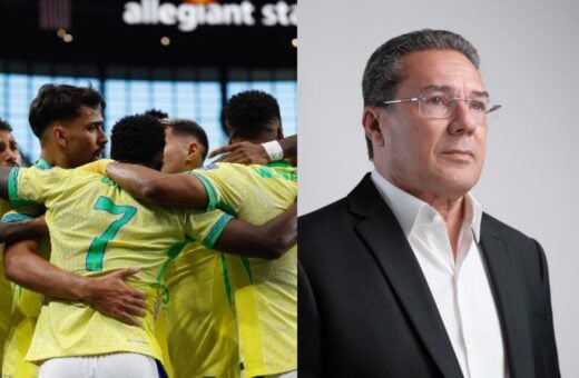 À esquerda, estão alguns jogadores da seleção brasileira se abraçando e à direita, está Vanderlei Luxenburgo