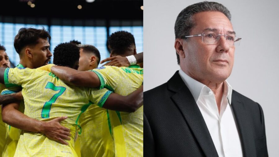 À esquerda, estão alguns jogadores da seleção brasileira se abraçando e à direita, está Vanderlei Luxenburgo