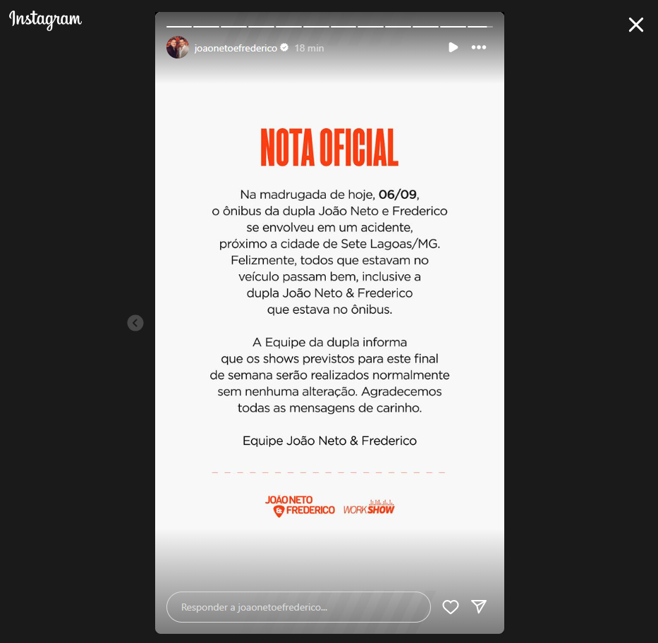 João Neto e Frederico sofrem acidente em estrada - Foto: Reprodução/Instagram/@joaonetoefrederico