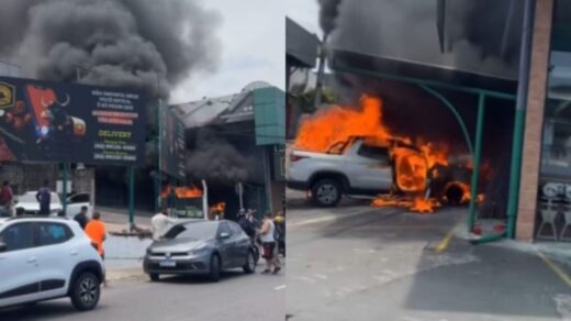 Carro pega fogo em estacionamento de frigorífico