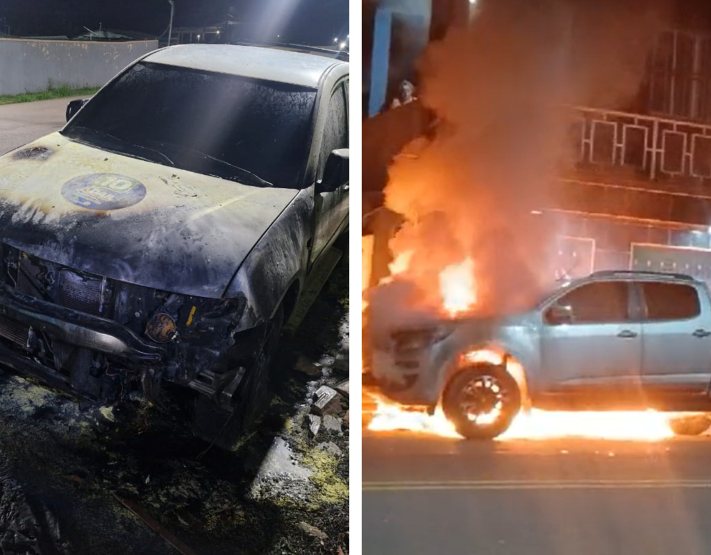 Carros incendiados com adevisos de Adail Pinheiro em Coari - Foto: Reprodução/WhatsApp