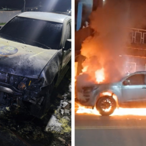 Carros incendiados com adevisos de Adail Pinheiro em Coari - Foto: Reprodução/WhatsApp