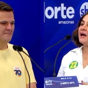 Maria do Carmo Seffair e Renato Junioe no debate do 2° turno em Manaus. Foto: Reprodução TV Norte Amazonas