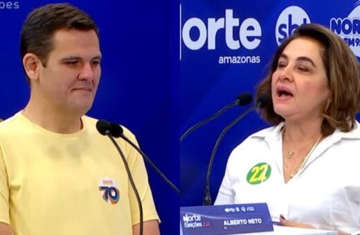 Maria do Carmo Seffair e Renato Junioe no debate do 2° turno em Manaus. Foto: Reprodução TV Norte Amazonas