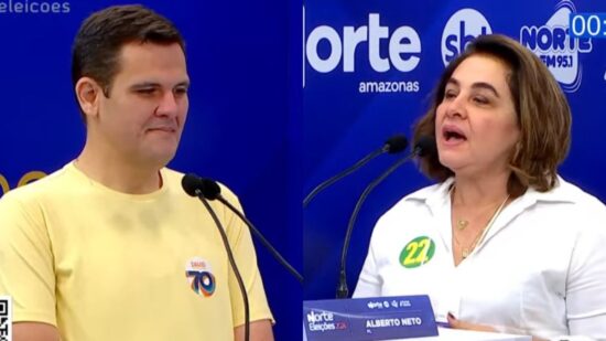 Maria do Carmo Seffair e Renato Junioe no debate do 2° turno em Manaus. Foto: Reprodução TV Norte Amazonas