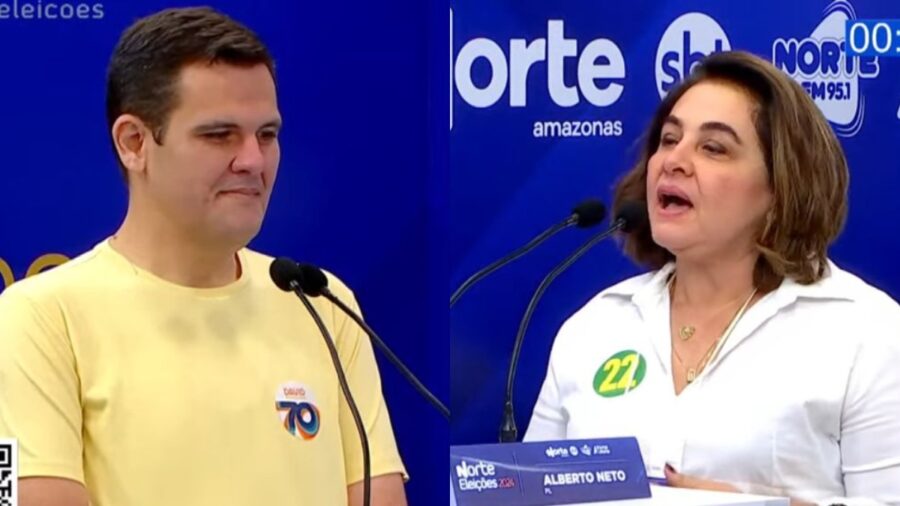 Maria do Carmo Seffair e Renato Junioe no debate do 2° turno em Manaus. Foto: Reprodução TV Norte Amazonas