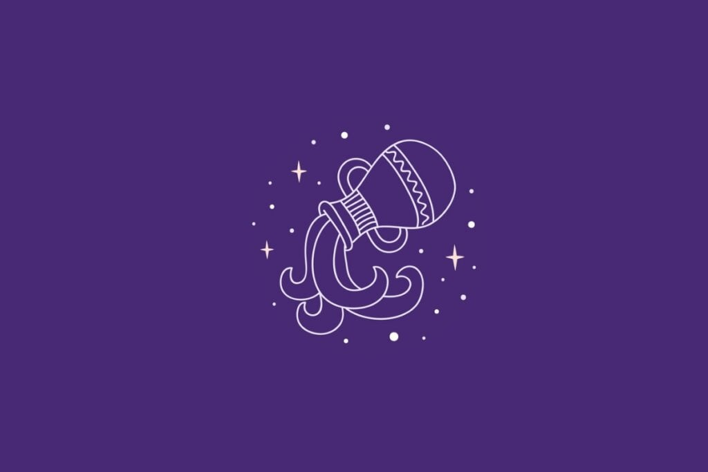 Ilustração do signo de aquário em um fundo roxo rodeado por estrelas