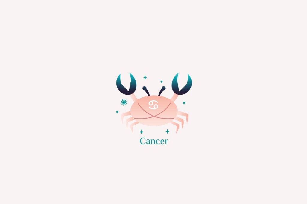 Ilustração do signo de Câncer na cor rosa, verde e preto em um fundo rosa