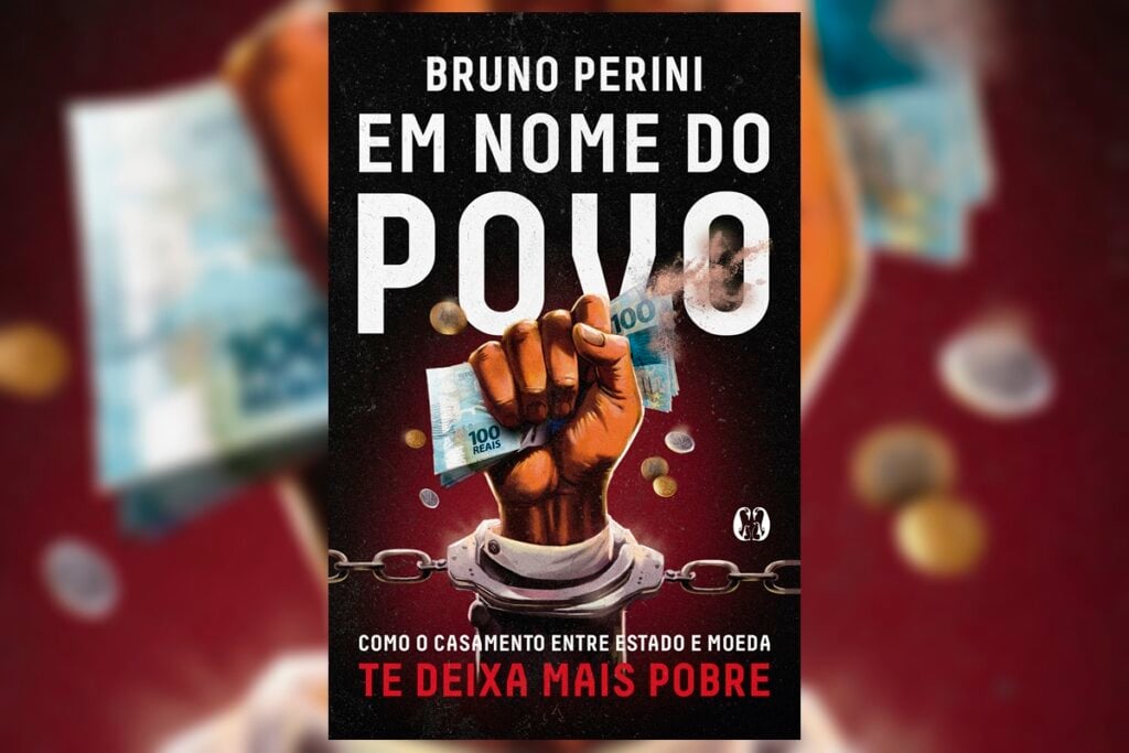 Capa de livro com título e nome do autor e uma mão segurando firme nota de dinheiro e com algemas segurando o braço