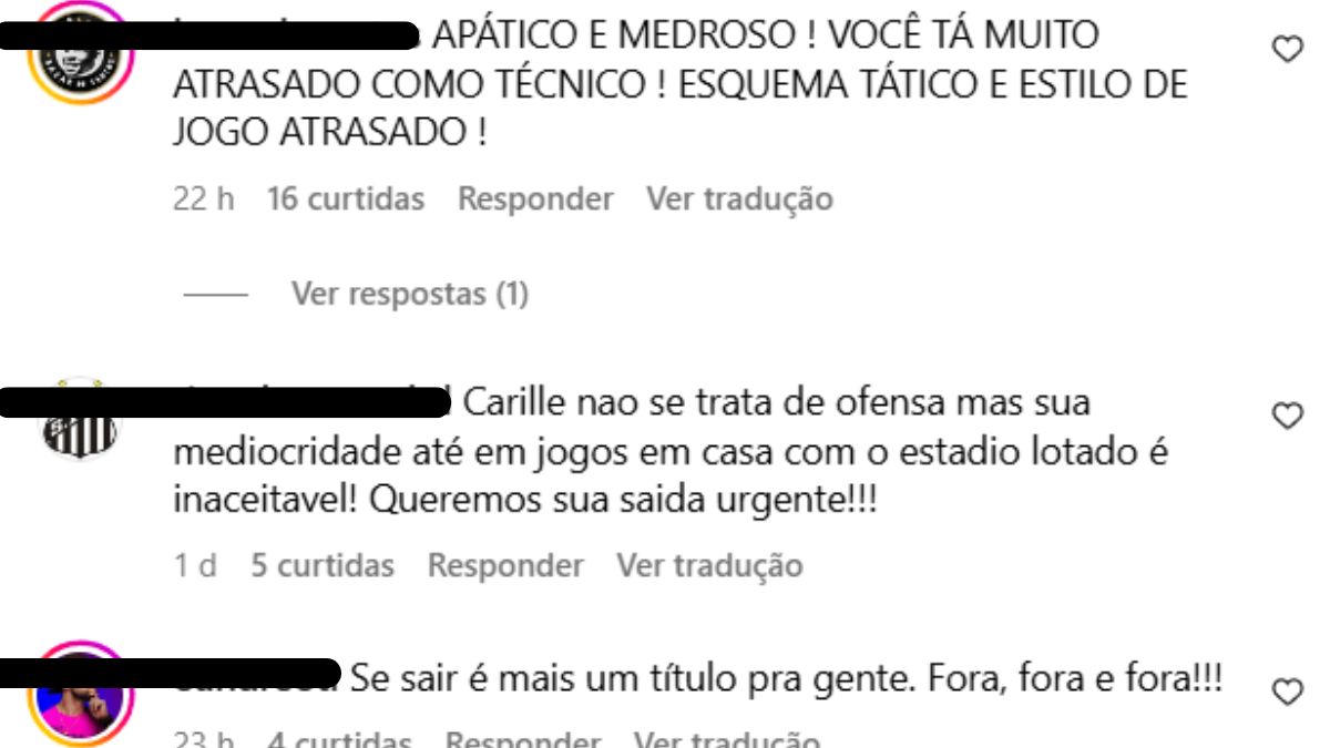 Imagem de comentários de torcedores criticando o técnico do Santos em publicação nas redes sociais