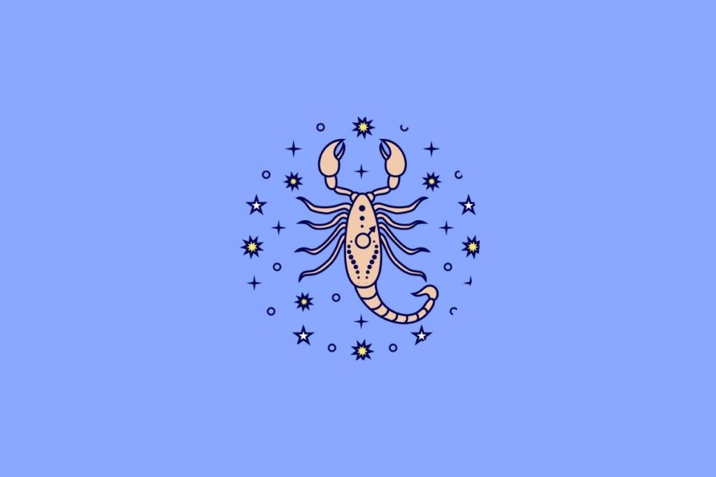 Ilustração do signo de Escorpião em um fundo lilás