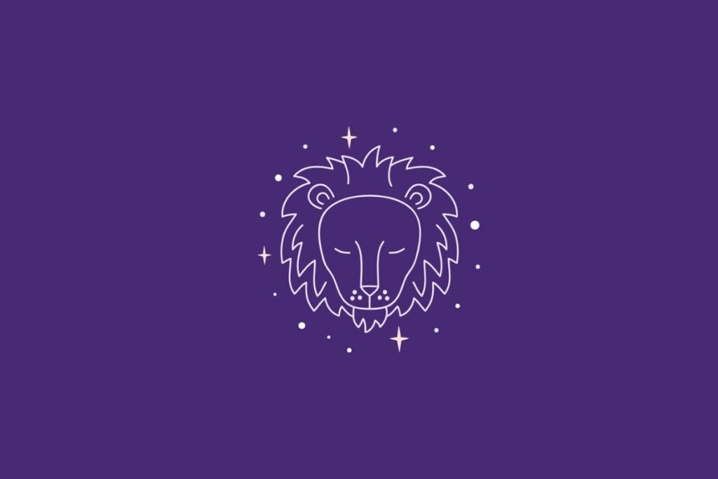 Ilustração do signo de leão em um fundo roxo rodeado por estrelas