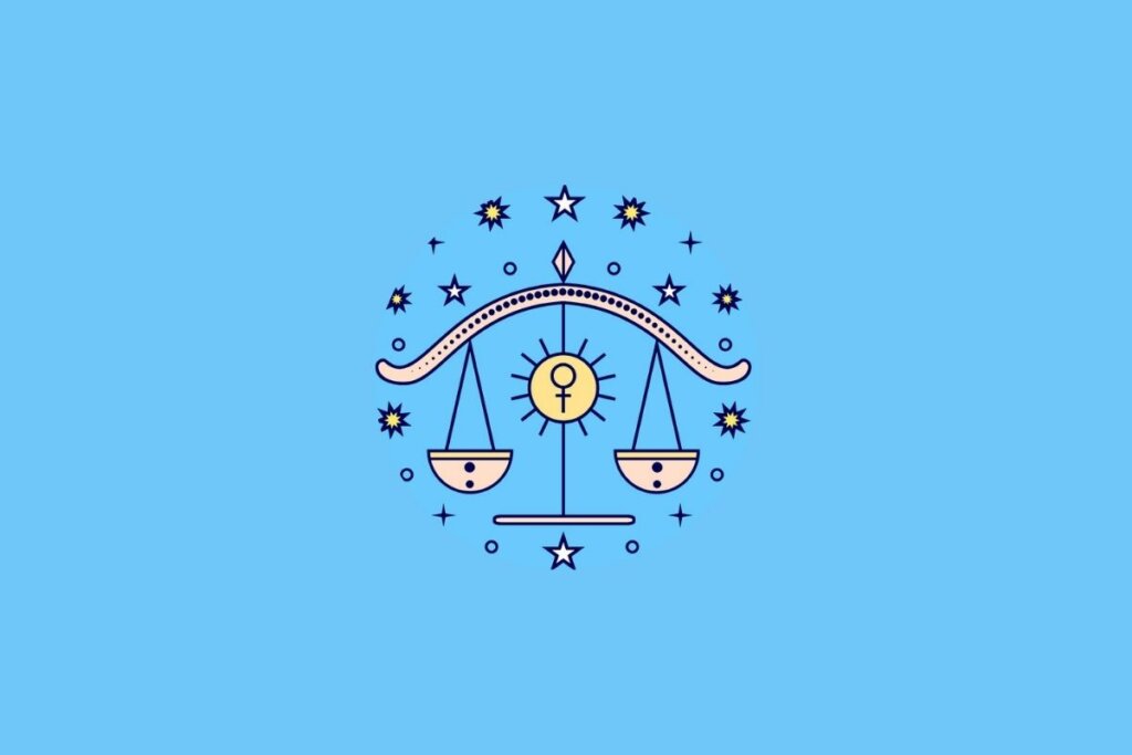 Ilustração do signo de Libra em um fundo azul