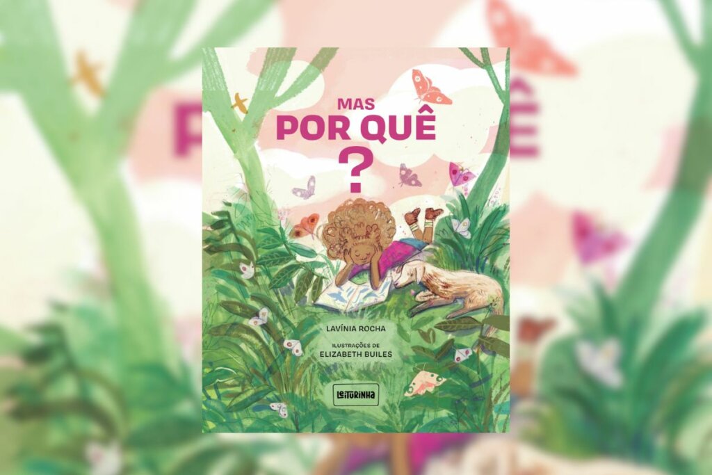 Ilustração da capa do livro "Mas, por quê" com uma menina em meio a planta comum céu rosa e branco