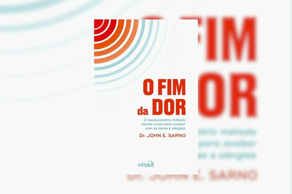 Capa do livro 'O fim da dor' com fundo branco e linhas vermelhas, laranjas e azuis na lateral 