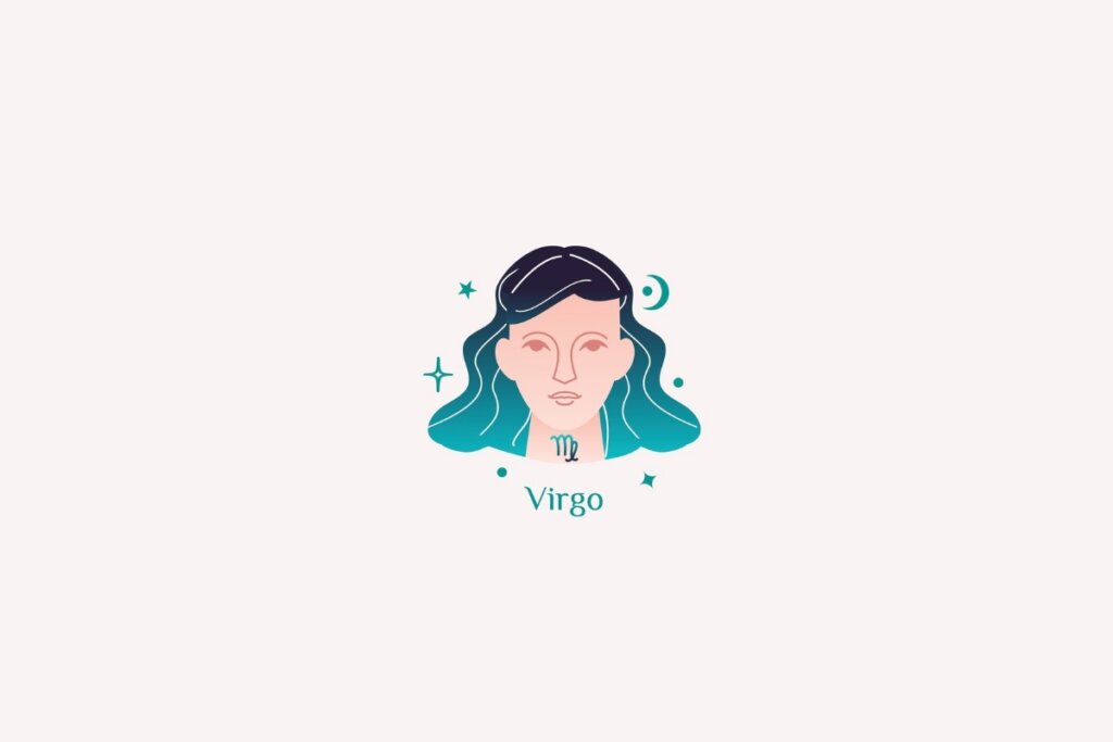 Ilustração do signo de virgem na cor rosa, verde e preto em um fundo rosa