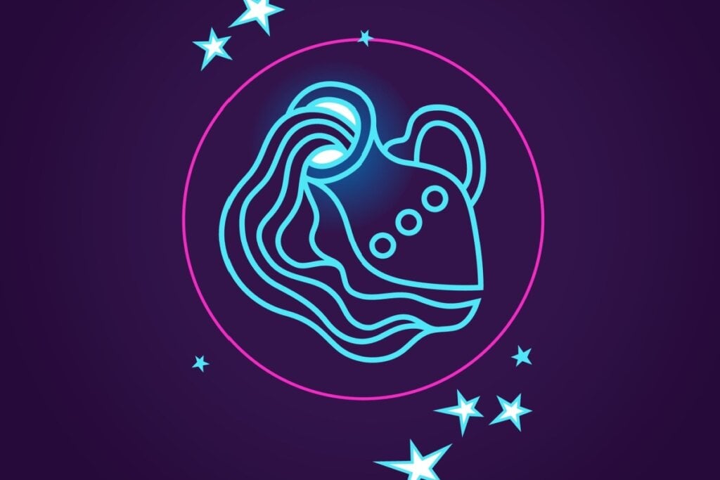 Ilustração do signo de aquário em azul neon dentro de um círculo rosa e com estrelas ao redor em um fundo roxo