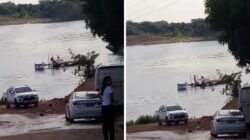 Moradores registram momento em que caminhonete afunda no rio. Reprodução/ Redes sociais