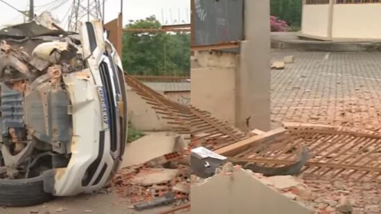 Carro capota e destrói muro de igreja - Foto: TV Norte