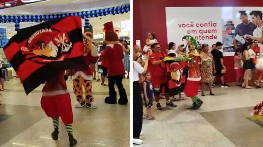 O assistente do "Bom velhinho" pegou a bandeira de um dos torcedores presentes e comemorou a vitória do Rubro-Negro. Reprodução - Vídeo/Redes sociais