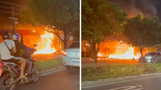 Incêndio destrói quiosques e fachada de supermercado