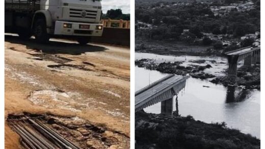 Ponte danificada à esquerda e desabamento à direita - Foto: Divulgação Mychelle Tauane