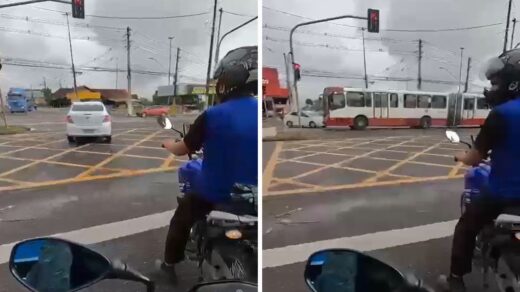 Carro avança sinal e colide com ônibus