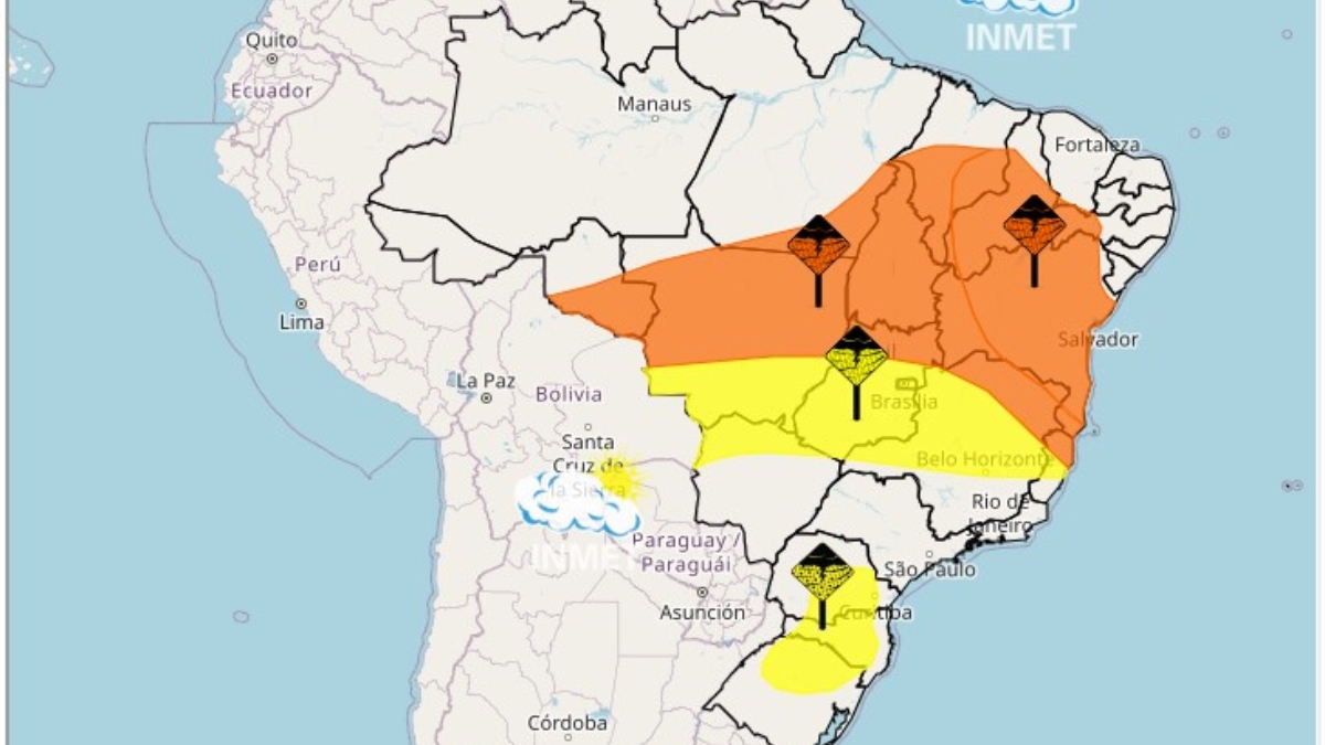 Mapa de avisos meteorológicos do INMET traz alerta laranja para o Tocantins - Foto: Reprodução/portal Inmet